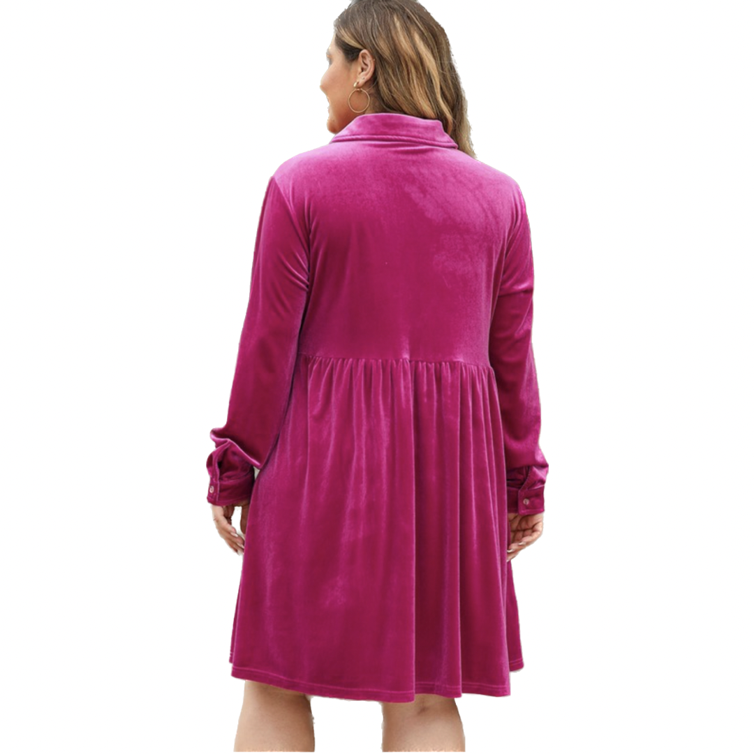 Plus Size Velvet Button Up Long Sleeve Babydoll Dress