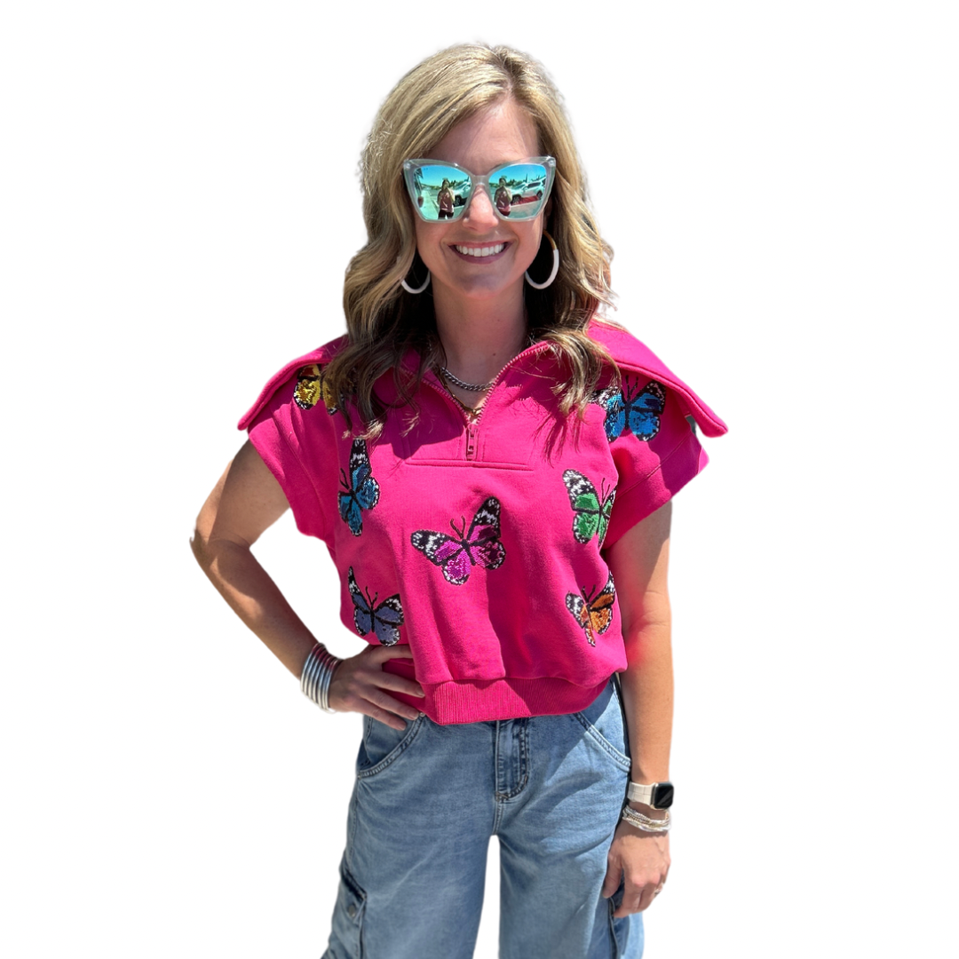 Hot Pink Multi Butterfly Collar top