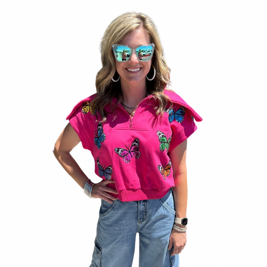 Hot Pink Multi Butterfly Collar top