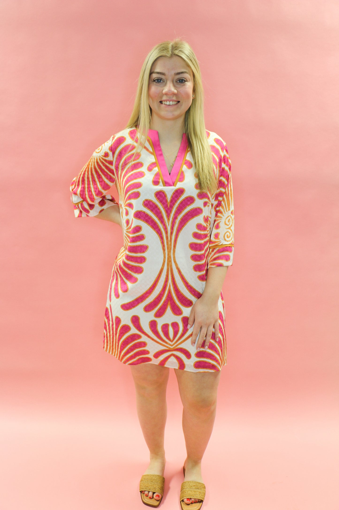TRIMMED TUNIC ORANGE AND PINK DRESS
