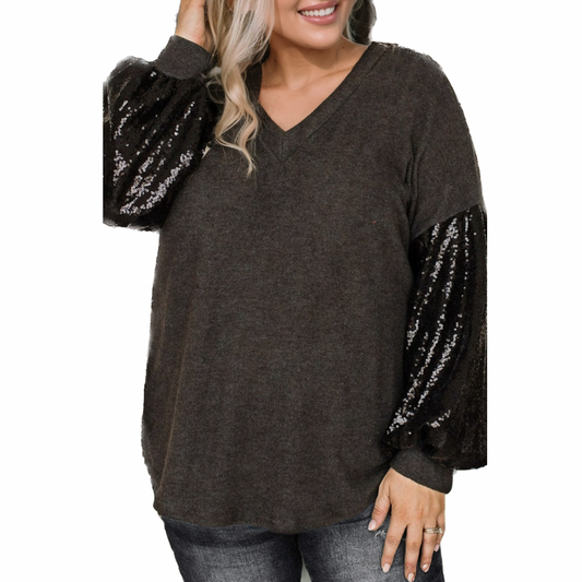 Plus Size Sequin Bubble Sleeve V Neck Knit Top