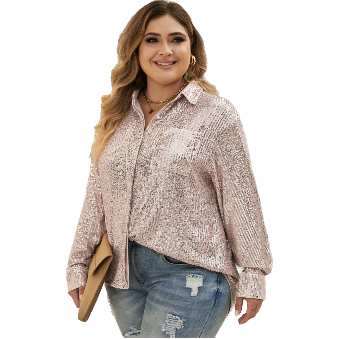 Solid Sequin Long Sleeve Button-Up Plus Size Shirt