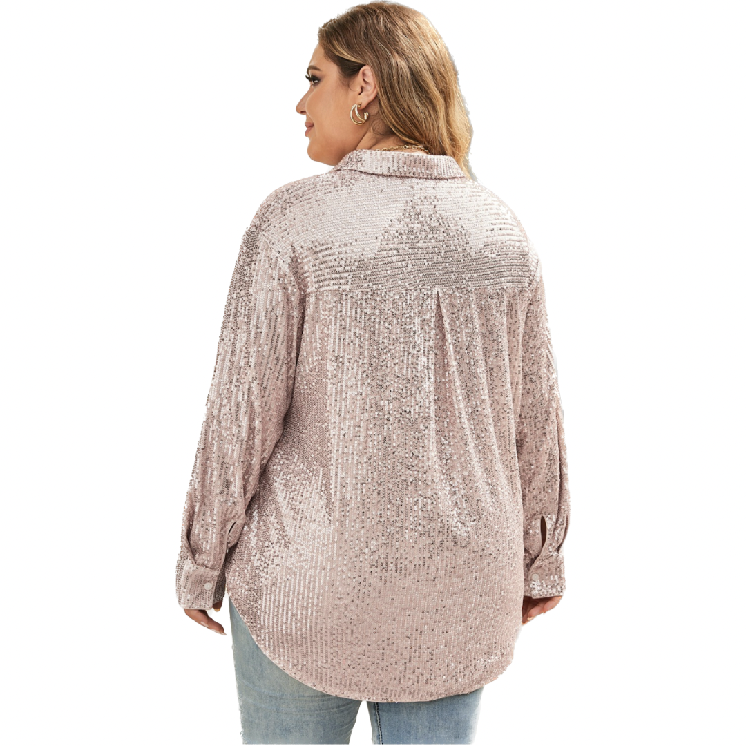 Solid Sequin Long Sleeve Button-Up Plus Size Shirt