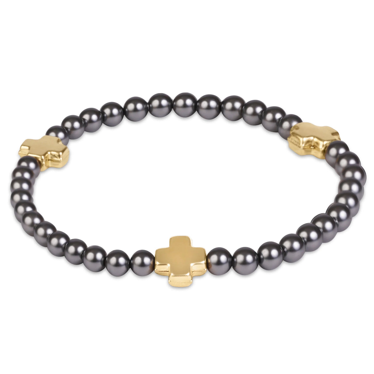 SIGNATURE CROSS 4MM PEARL DARK GREY BRACELET - GOLD