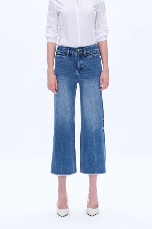 Medium blue high rise wide leg jean