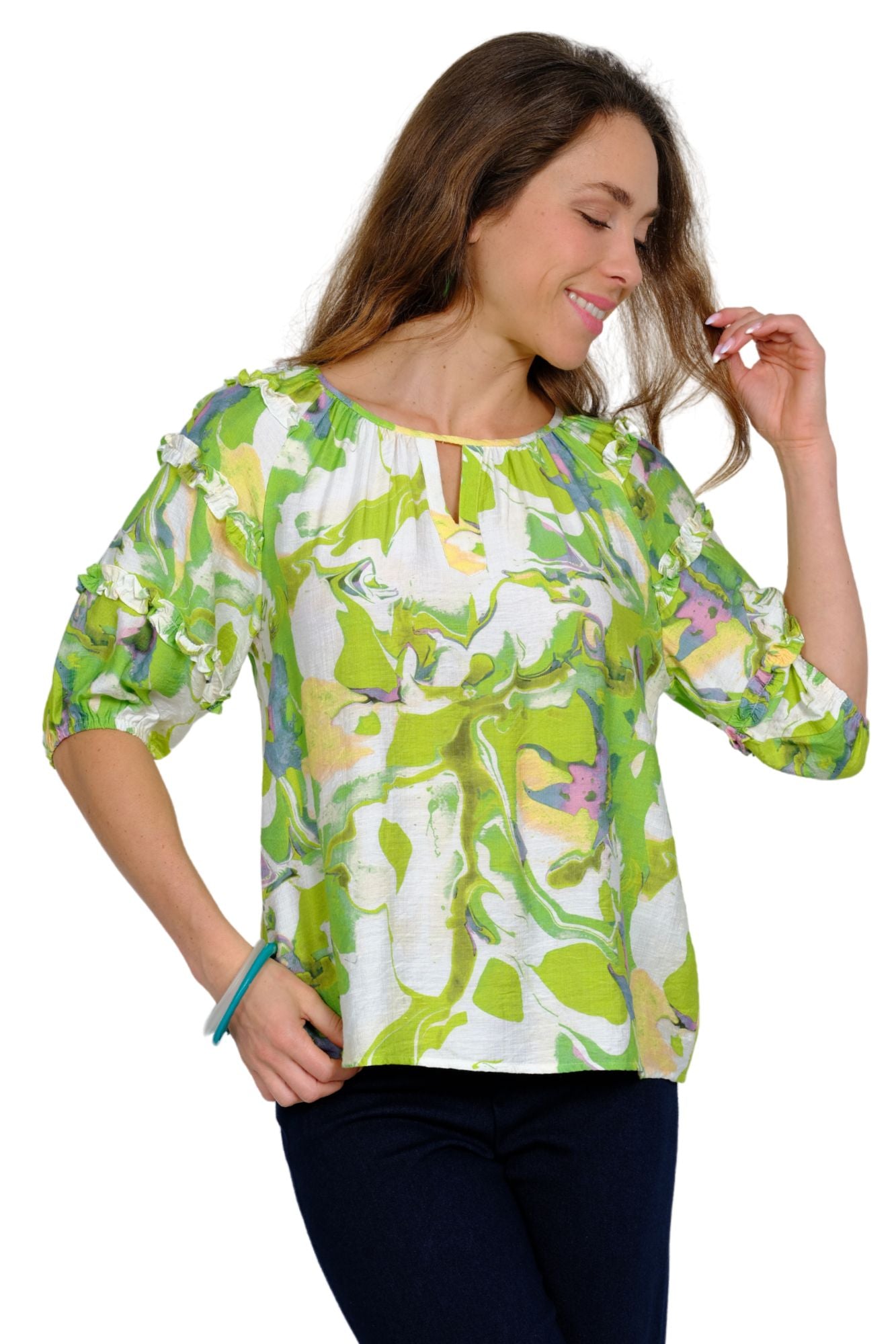 ROUND NECK RIBBON RUFFLE SLEEVE DETAIL, LEMON LIME TWIST