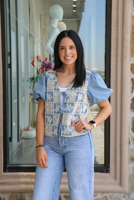 Crochet Lace Tie Front V Neck Blouse With Bubble Sleeves