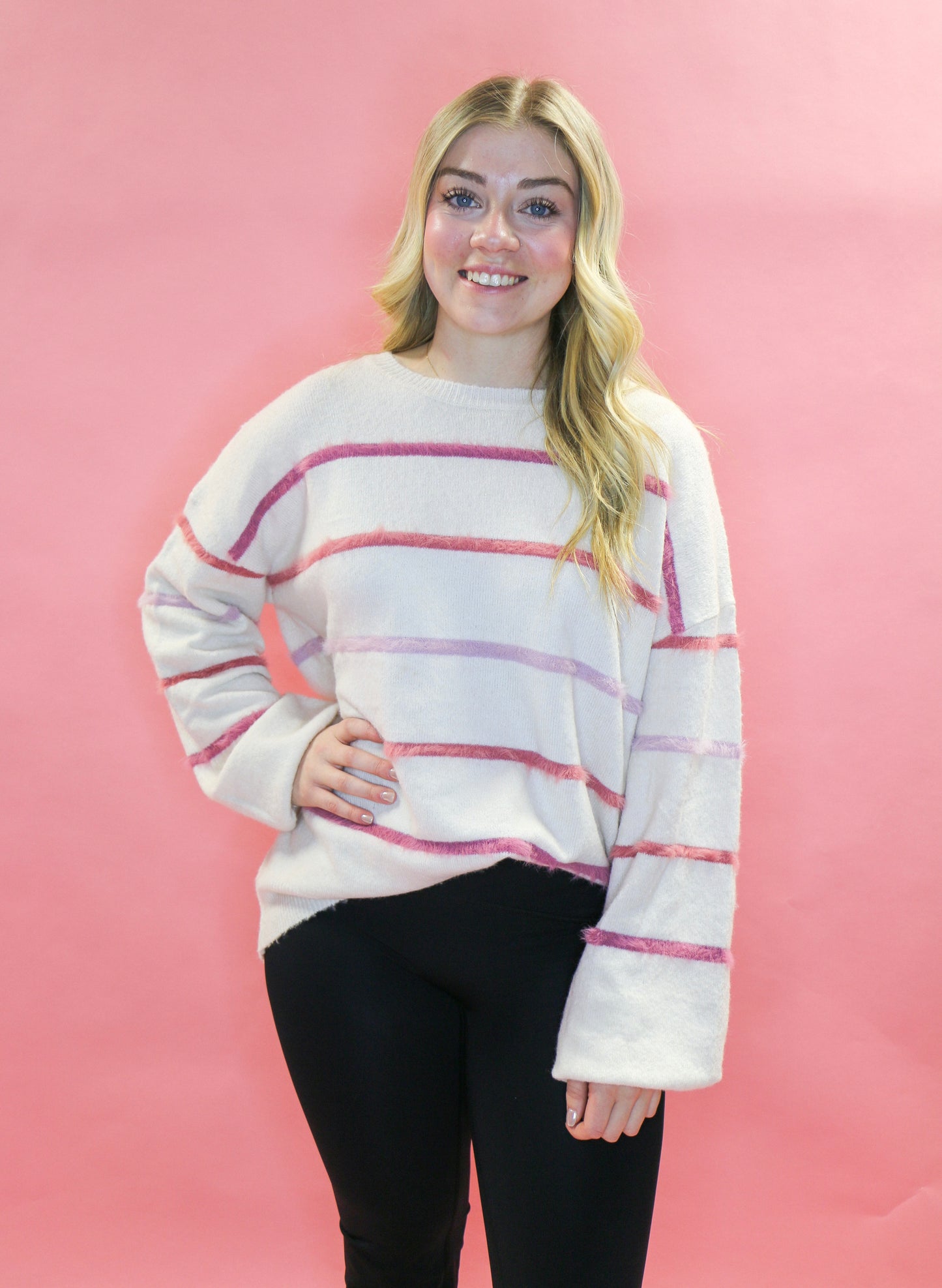 KNIT CREAM SWEATER WITH FUZZY PINK STRIPES