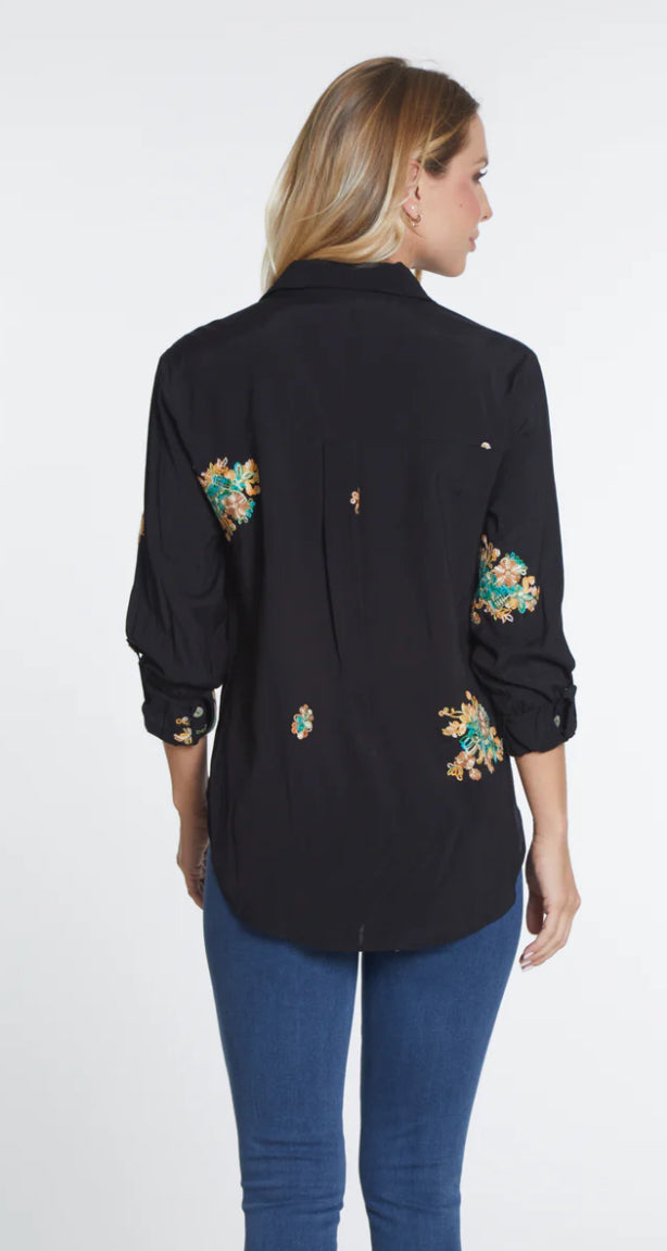 Black embordered blue floral button up