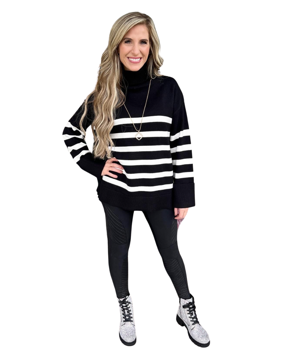 Blackwhite Turtle Neck Striped Sweater