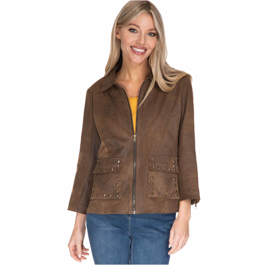 MOCHA ZIP UP JACKET W/ EMBELL PLUS SIZE