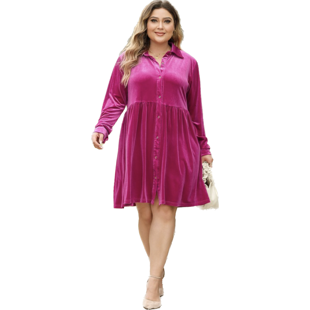 Plus Size Velvet Button Up Long Sleeve Babydoll Dress