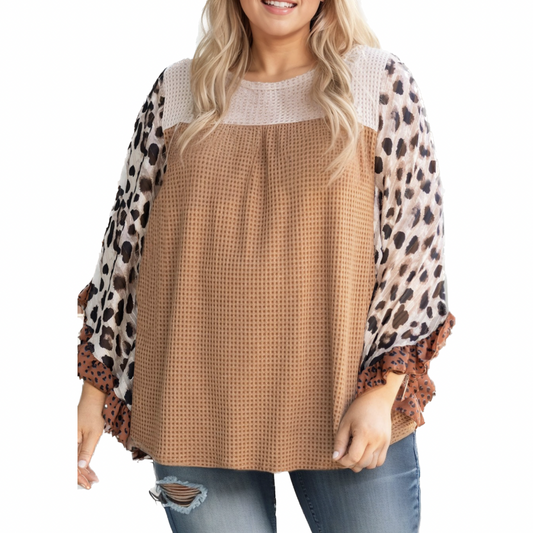 Plus Size Ruffle Leopard Sleeve Waffled Color Block Top