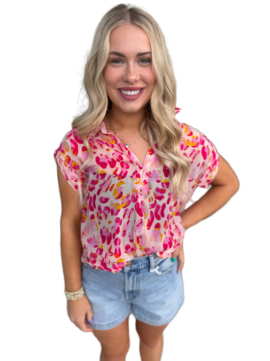 Printed Wrap Blouse w/Tabbed Cuffs