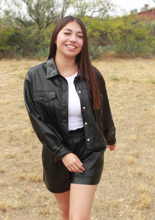 Black faux leather cropped jacket