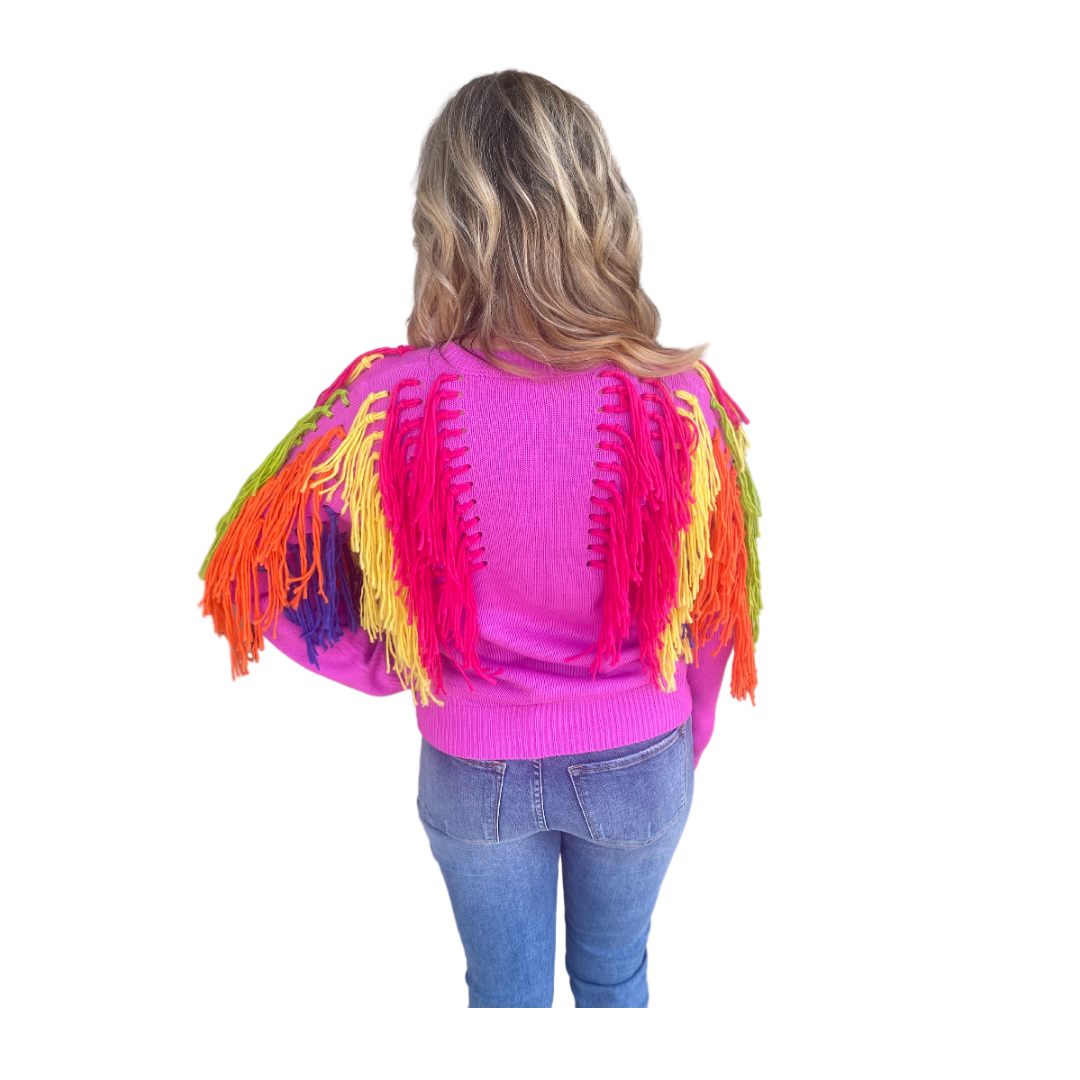 PINK AND RAINBOW FRINGE SWEATER