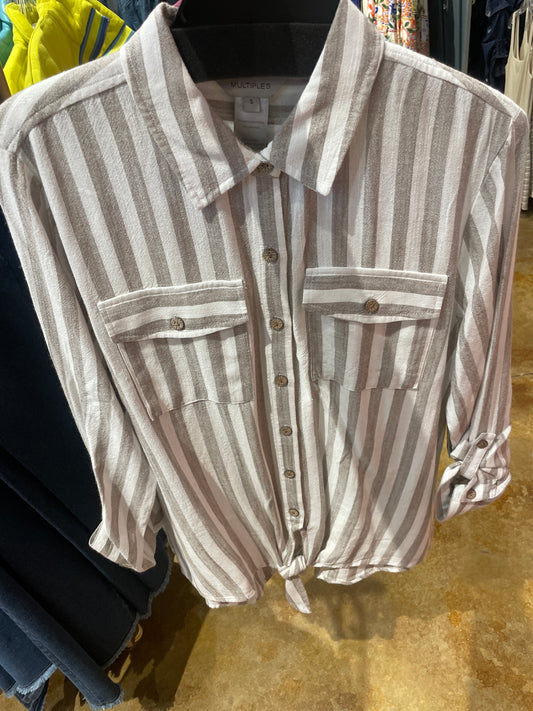 roll tab cream and stone stripe button up
