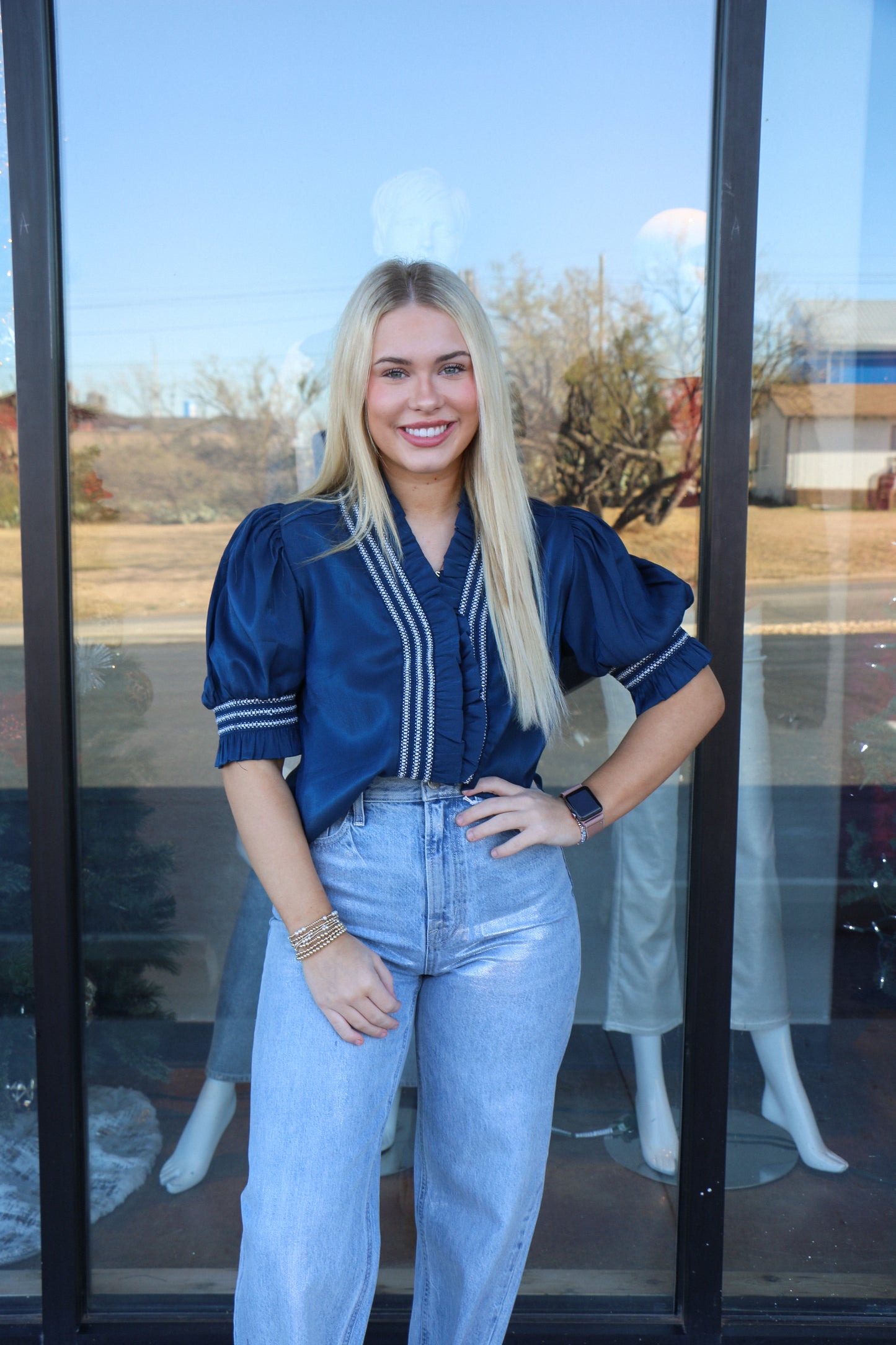 NAVY RUFFLE V NECK BLOUSE