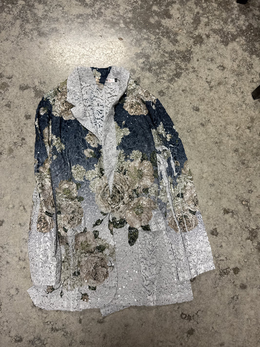 NAVY LACE AND SEQUINS BLAZER W/ PRINT