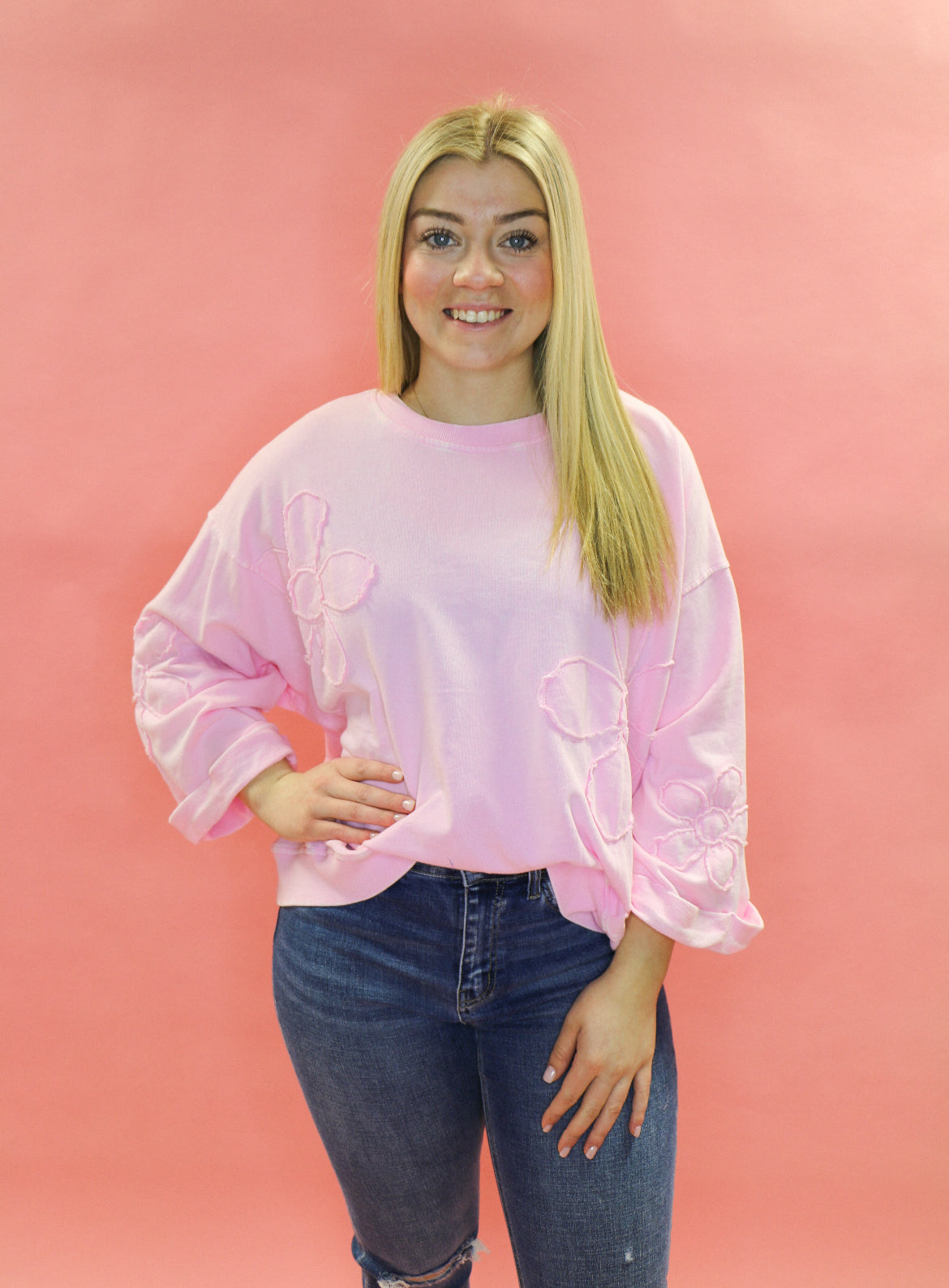PINK FLOWER PATCH 3/4 SLEEVE TOP