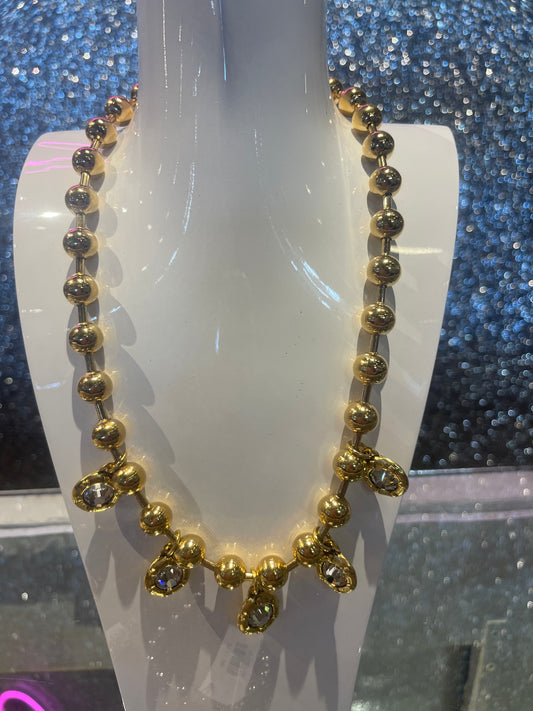 17" antique gold bead ball chain necklace with antique gold crystal pendent