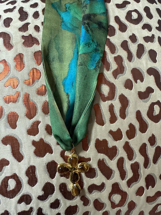 Gemstone Cross on Scarf Necklace