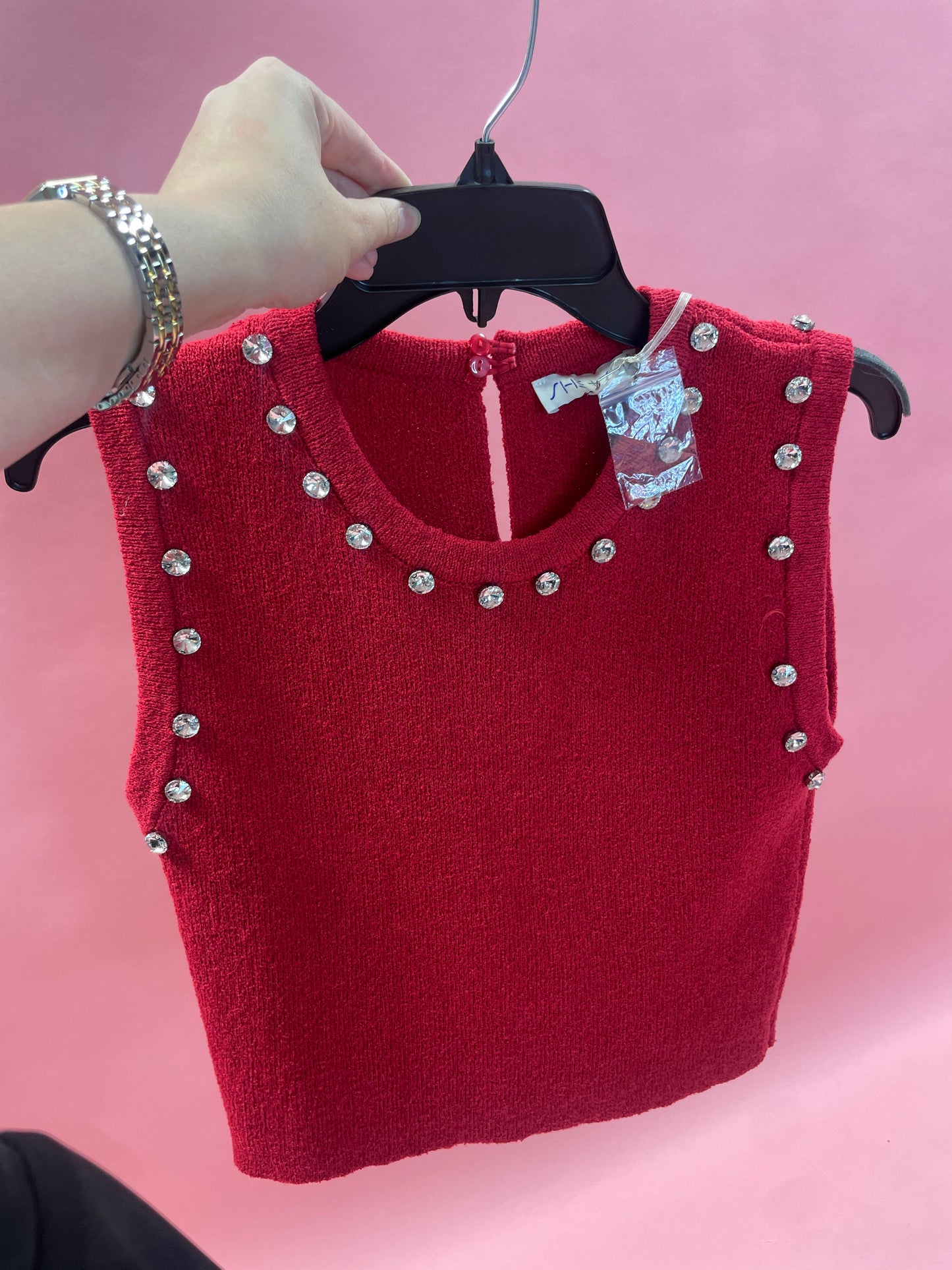 sleeveless rhinestone sweater crop top