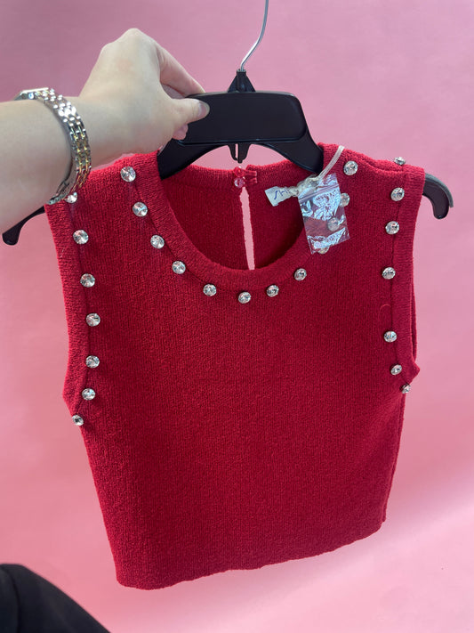 sleeveless rhinestone sweater crop top