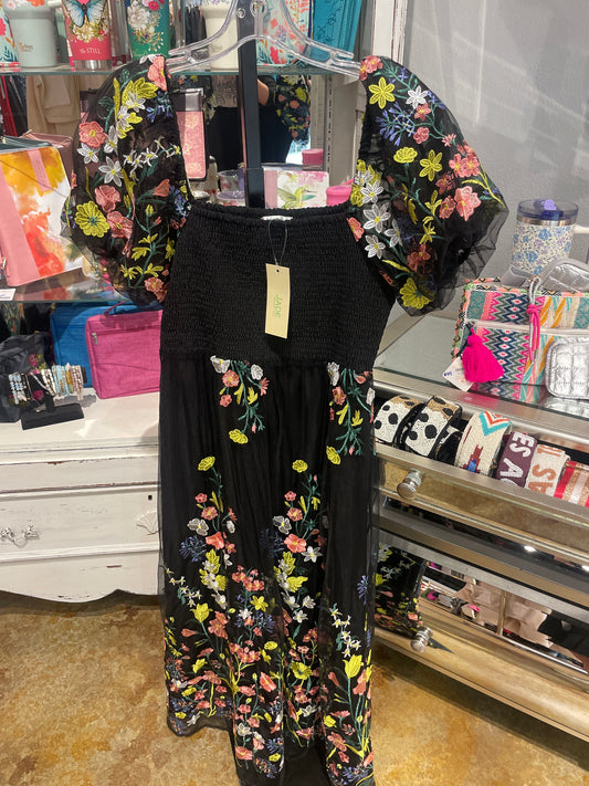 Black Embroided Floral Nap Dress