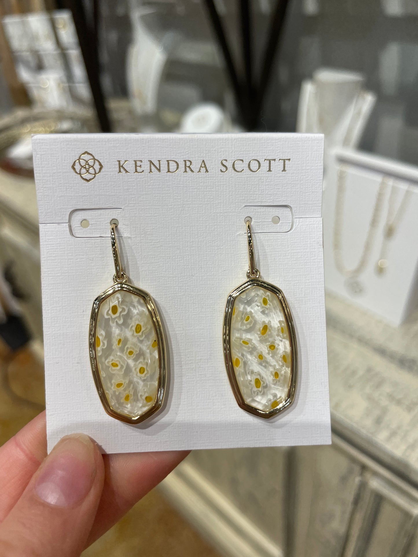 Yellow Framed Elle Drop Earrings with White Mosaic Glass