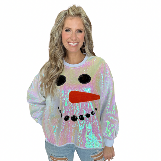 White Sequin Snowman's face Sweatshirt