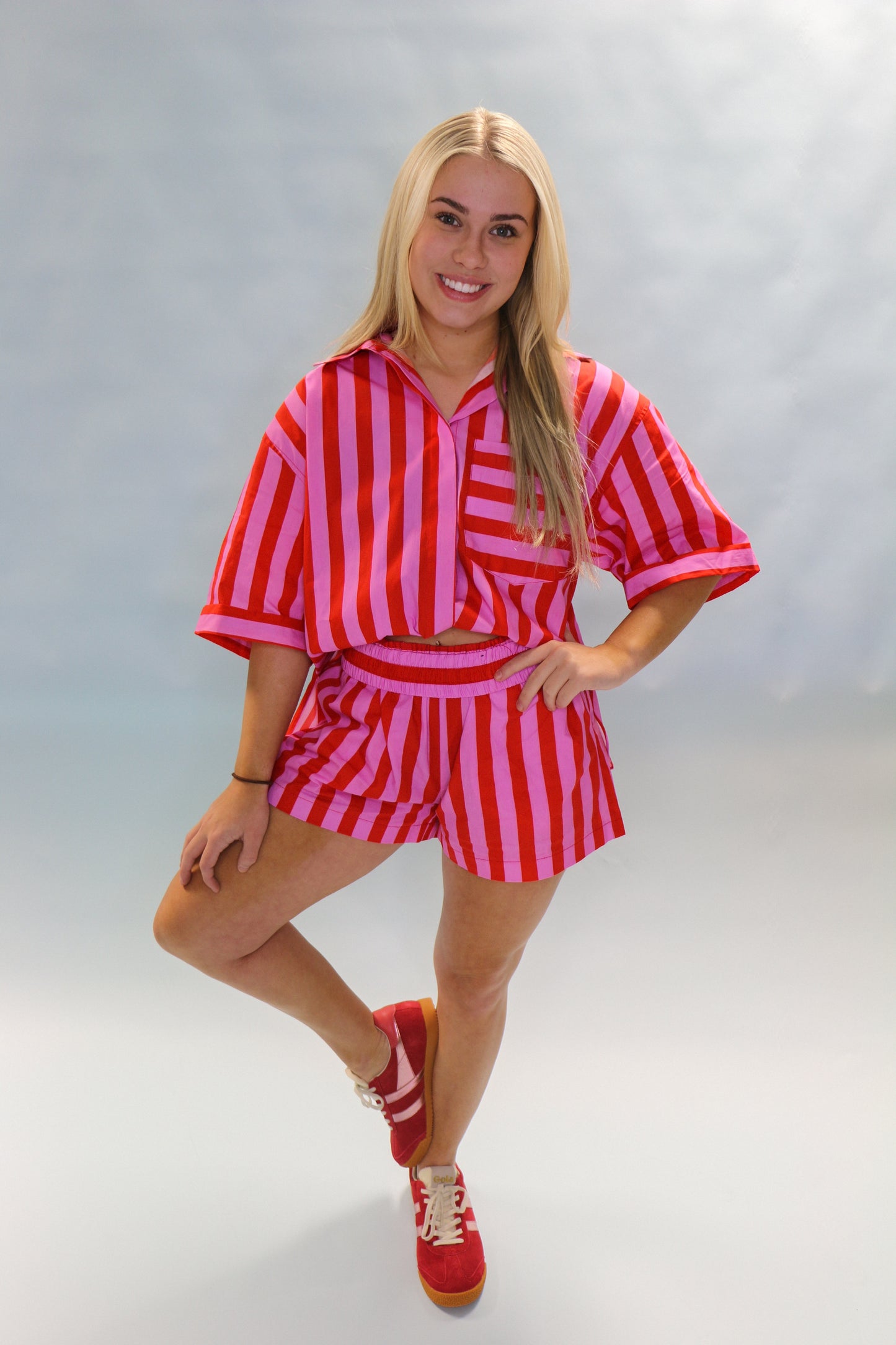 Pink and Red Collar Neck Button Down Shirt
