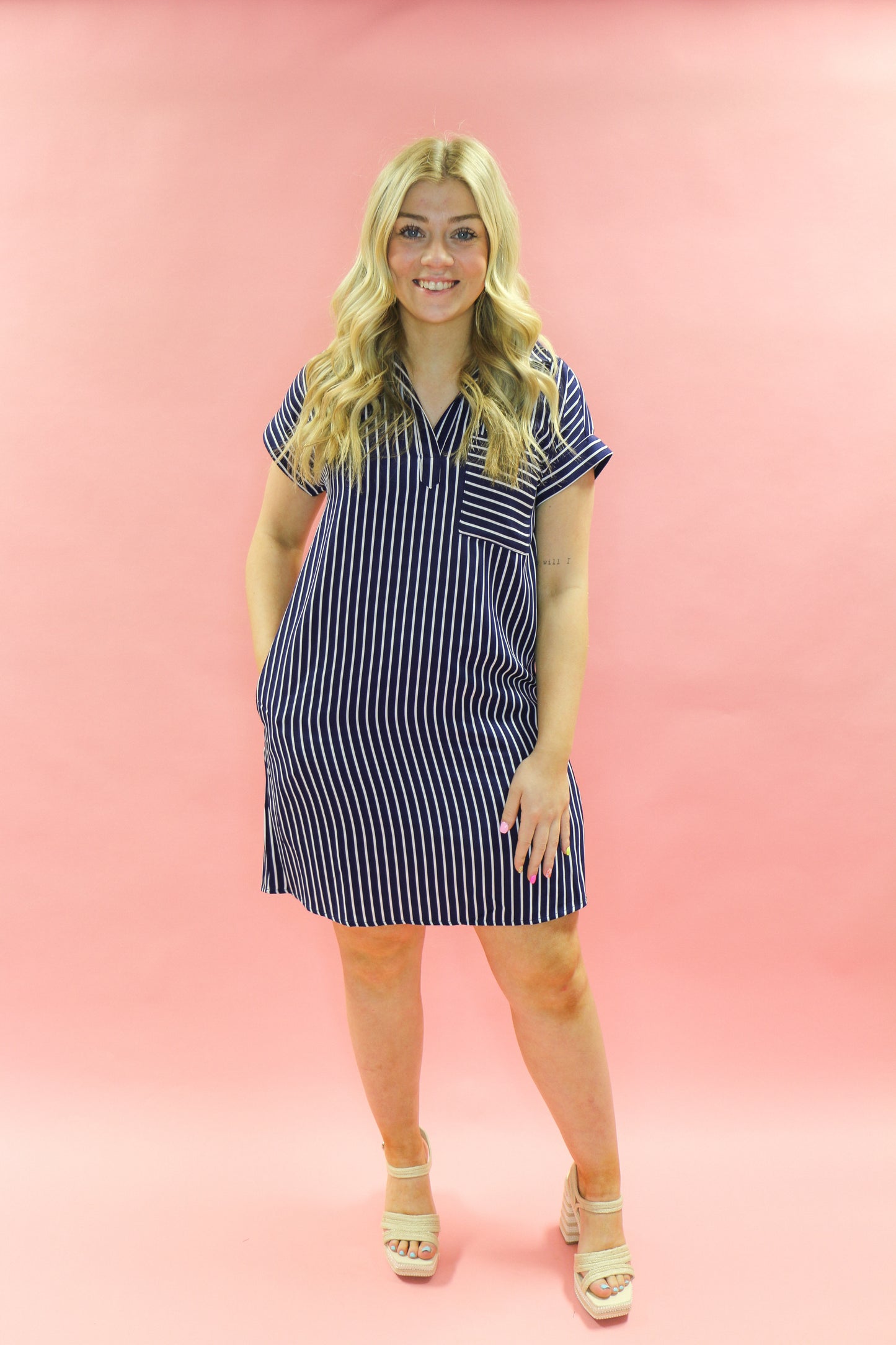 Drop Sleeve Striped Woven Dress