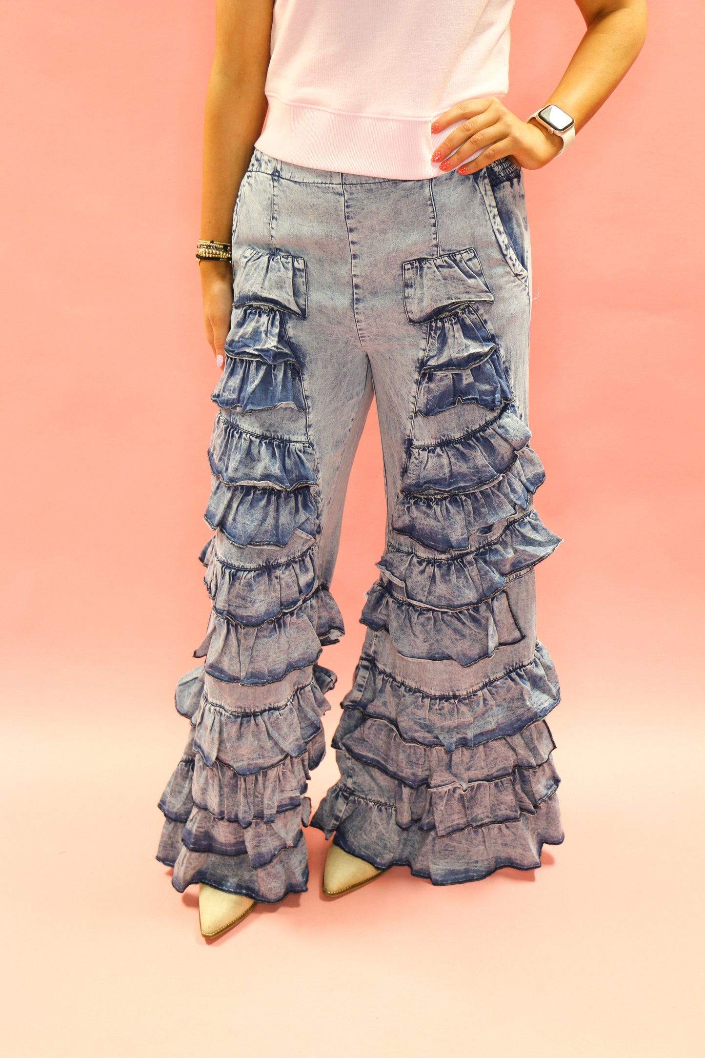 Tiered Ruffle Bell Bottom Pants