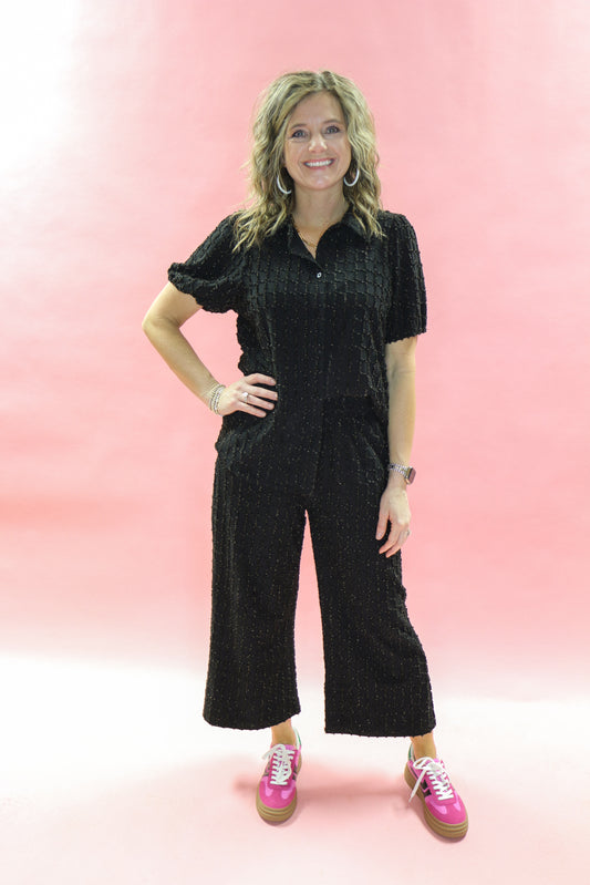 GLITTER TEXTURED SHORT COLLARED BUTTON DOWN SWEAT SET