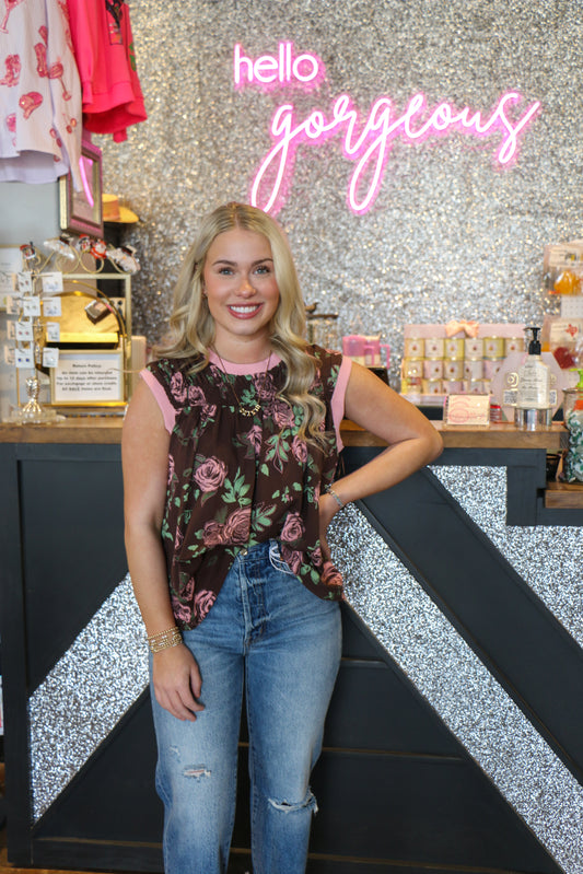 BROWN FLORAL SLEEVLESS TOP