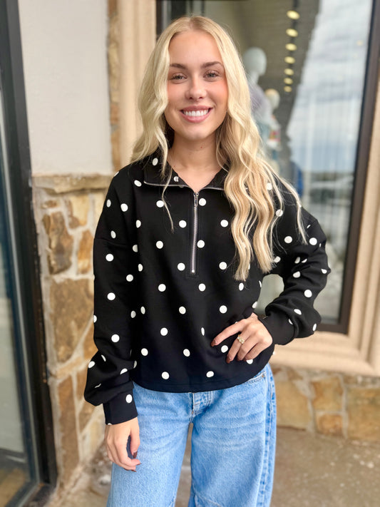 Polka Dot Half-zip Cropped Pullover Sweatshirt