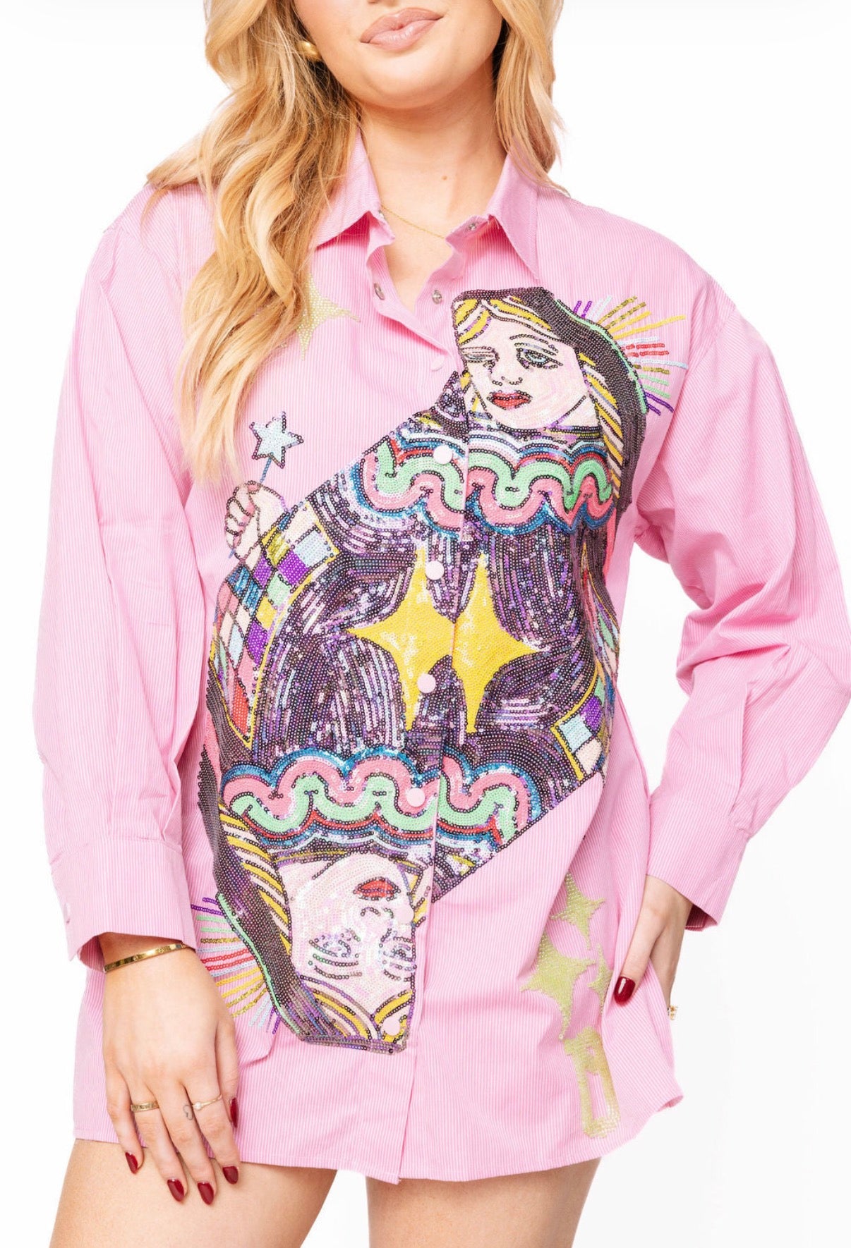 QOS PINK QUEEN CARD BUTTON UP COLLAR COTTON DRESS