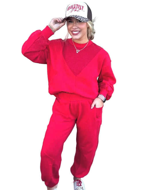 RED KNIT COLORBLOCK SWEAT PANTS