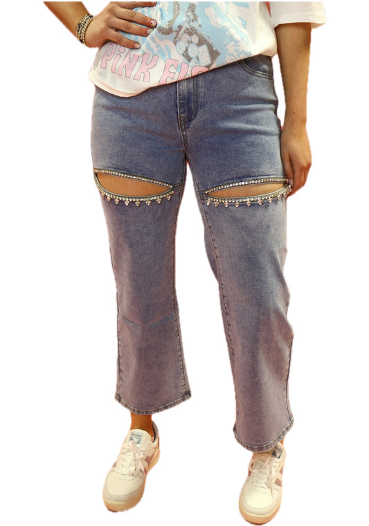 light washed denim rhinestone slit jeans