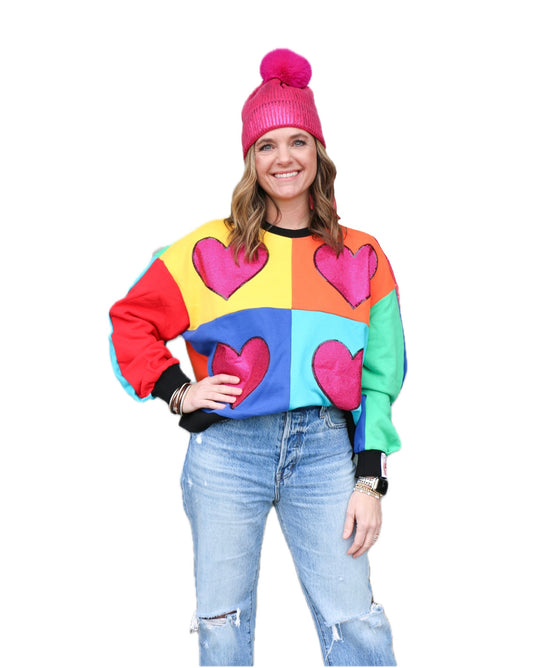 Rainbow Colorblock Rhinestone Heart Sweatshirt