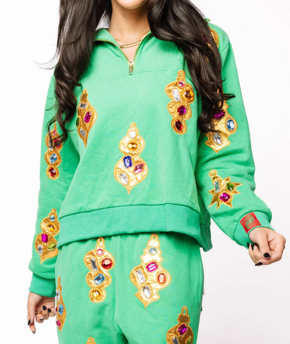 Green & Gold Jeweled Ornament Collar Sweatshirt