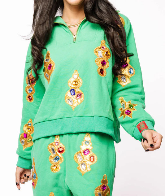Green & Gold Jeweled Ornament Collar Sweatshirt