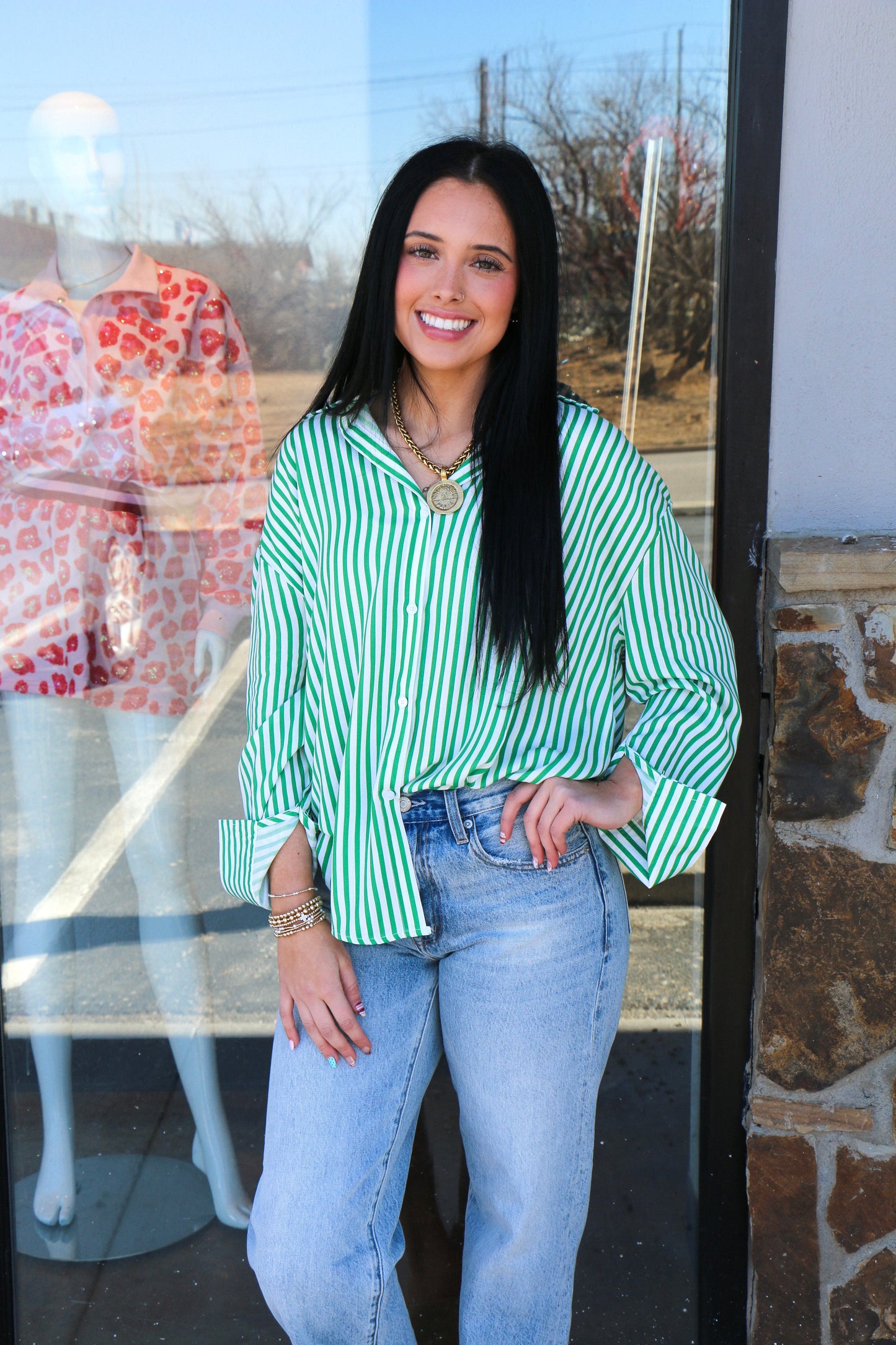 GREEN AND WHITE BUTTON UP