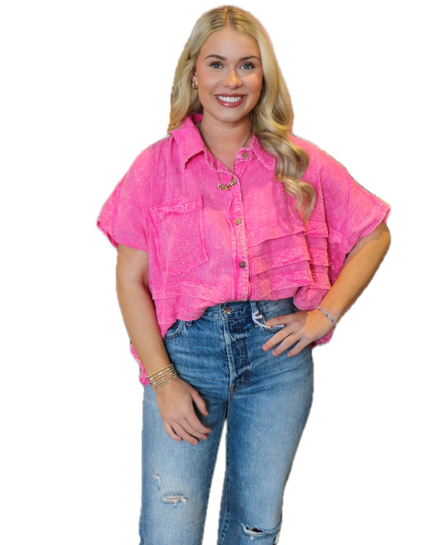 PINK WASHED BUTTON FRONT TOP