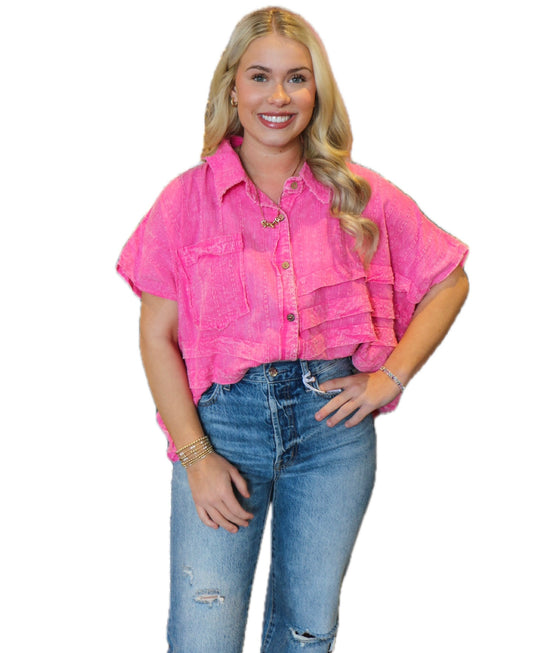 PINK WASHED BUTTON FRONT TOP