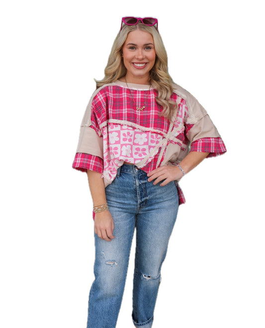 PINK WASHED PRINT MIX TOP