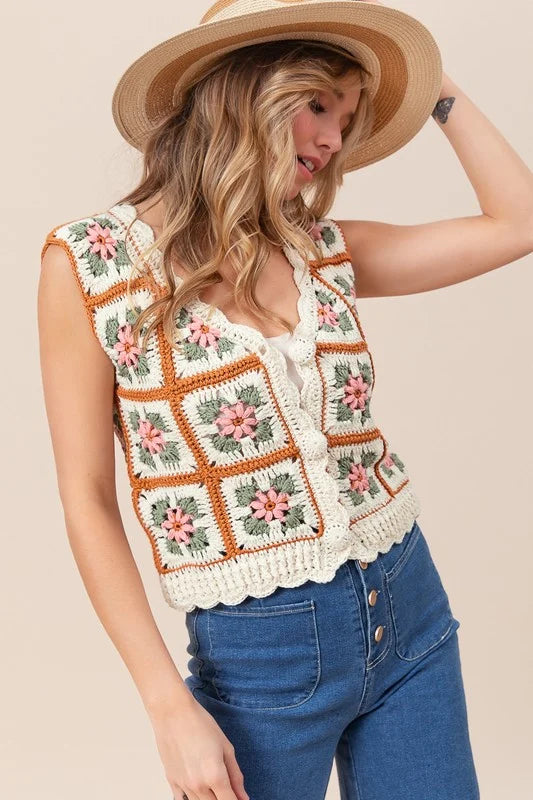 GRANNY SQUARE V-NECK SWEATER VEST CARDIGAN