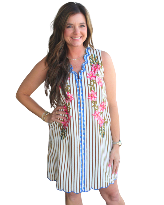 Sleeveless striped emroidery dress