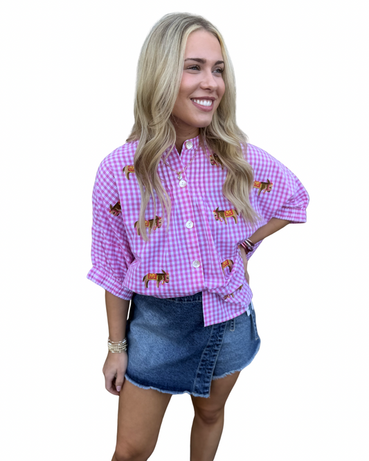 Pink gingham donkey top